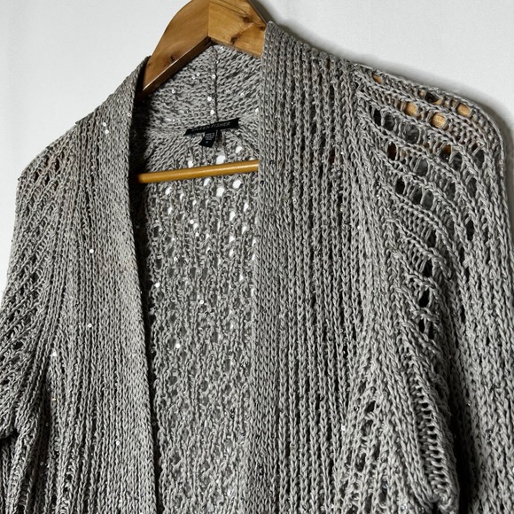 Eileen Fisher Cardigan‎ Womens S Open Knit Sequin Embellished Taupe Sweater - Picture 2 of 7